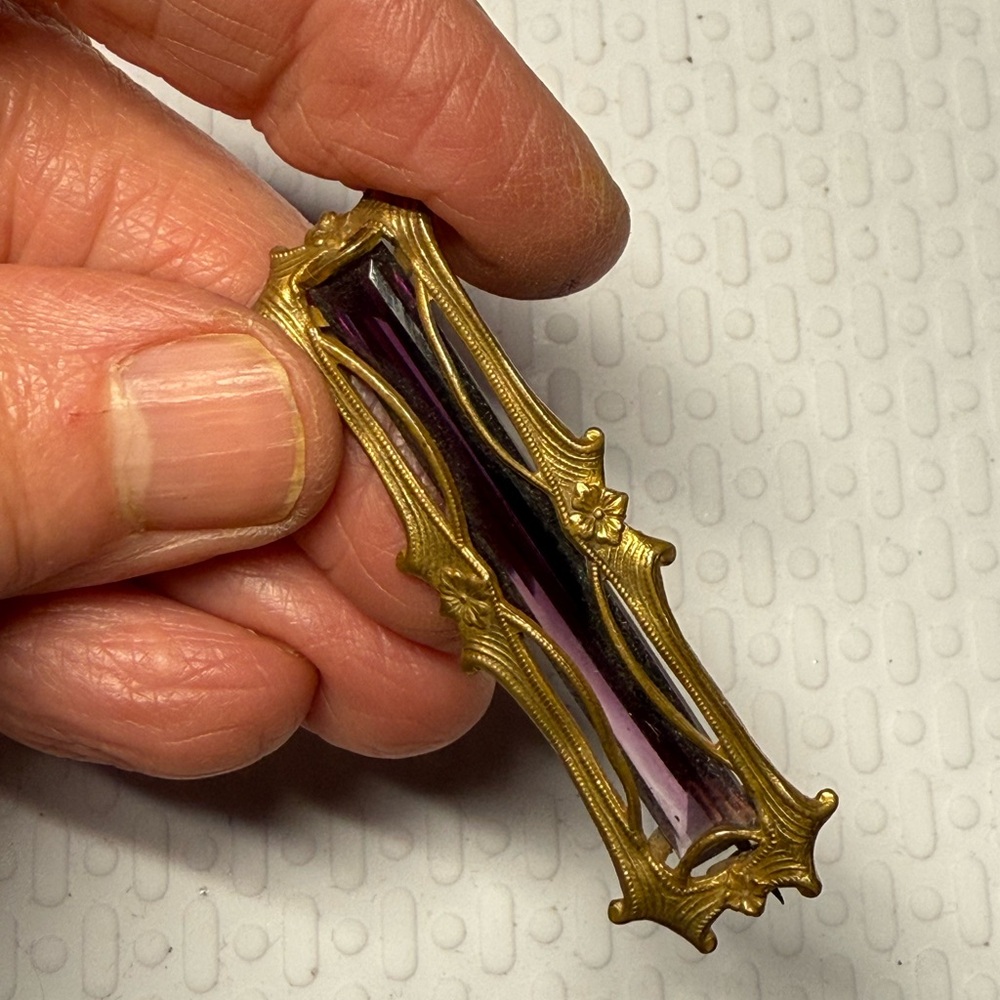 47.) C-clamp, Gold and Purple Vintage Brooch